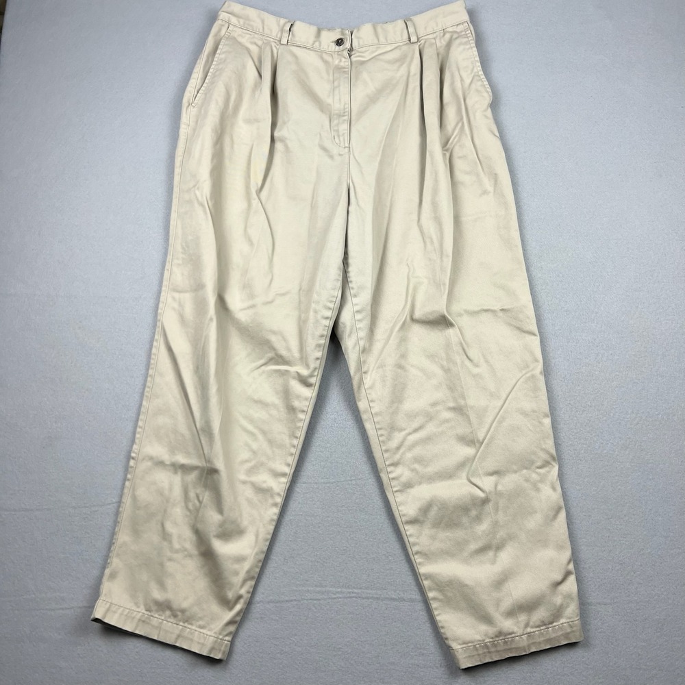 Vintage L.L. Bean Womens 18 Petite Khaki Double Pleated Tapered Chino Trousers